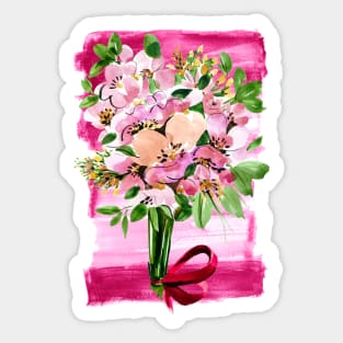 Pink flowers bouquet with red ribbon on pink background Sticker